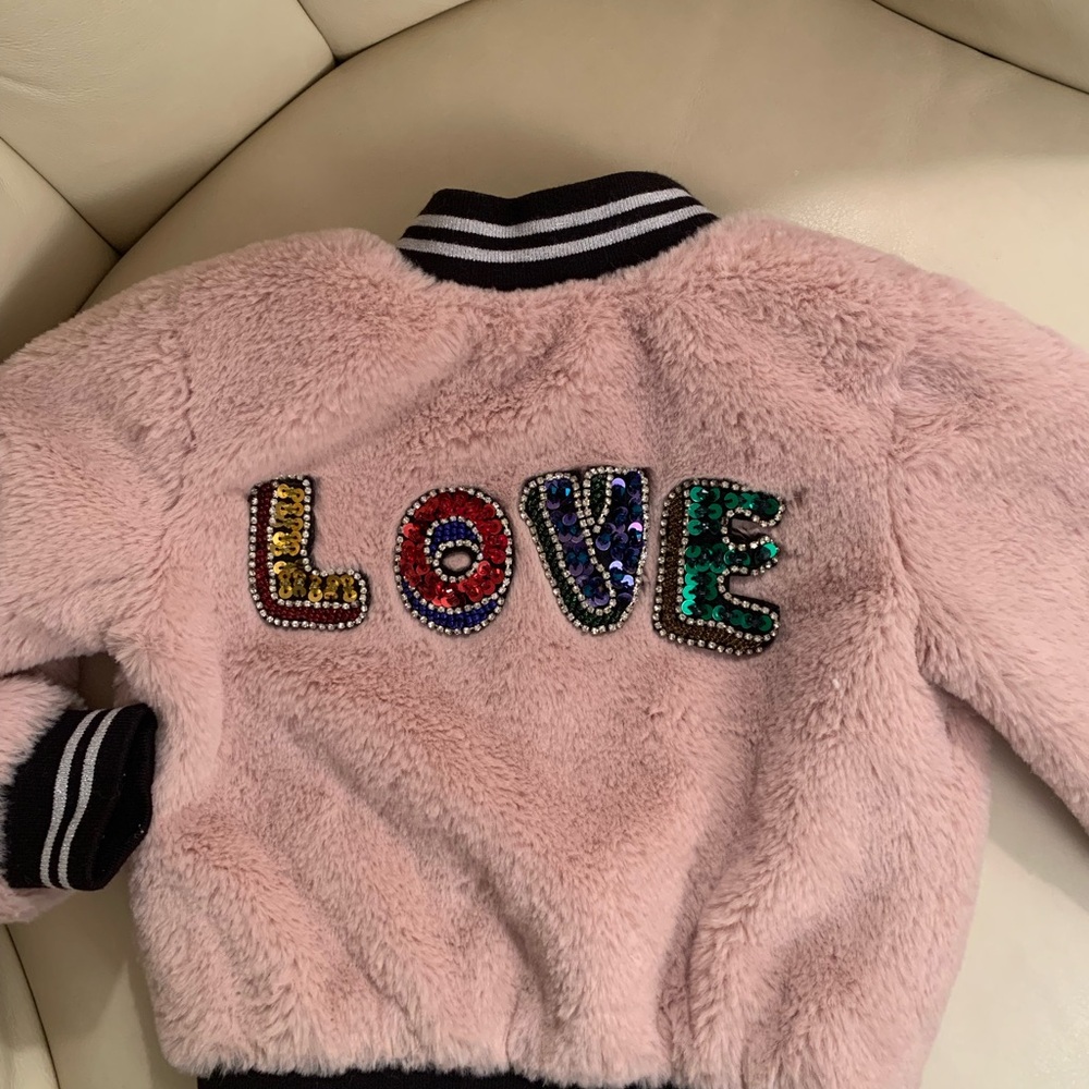 Pink Faux Fur Jacket with LOVE Embellishment. Size 3T.